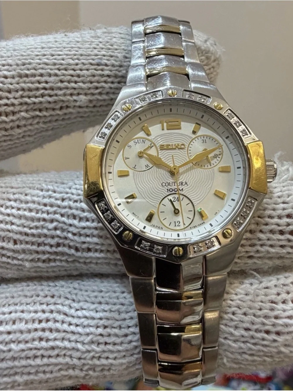 Seiko Coutura SUK008 Womens Diamond Watch Two Tone Multi Hand Calendar 100M